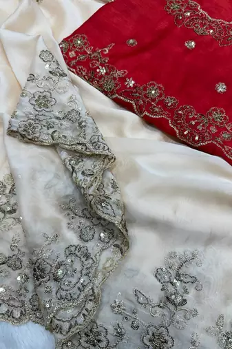 Off White Color Beautiful Sequence embroidery work Rangoli silk  Blend Saree