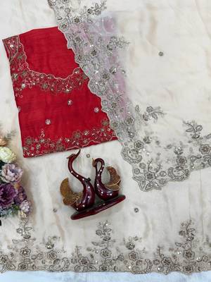 Off White Color Beautiful Sequence embroidery work Rangoli silk  Blend Saree 3