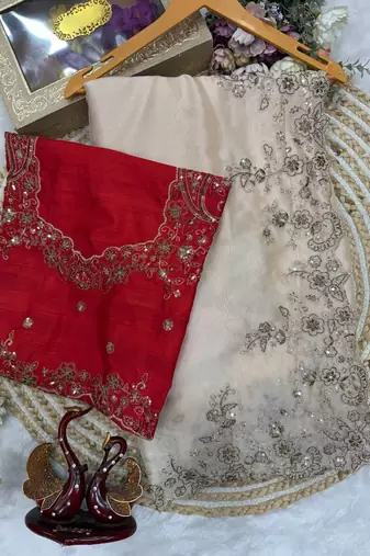 Off White Color Beautiful Sequence embroidery work Rangoli silk  Blend Saree