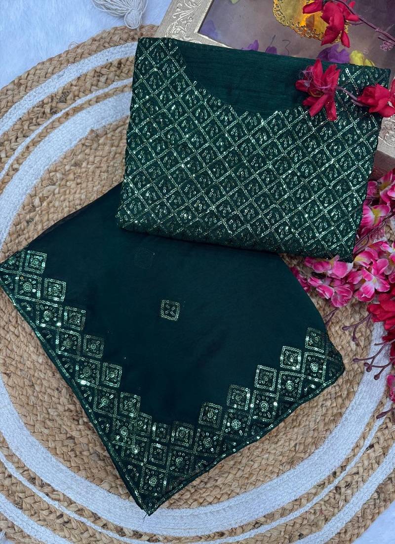 Green Color embroidery sequence work art silk saree
