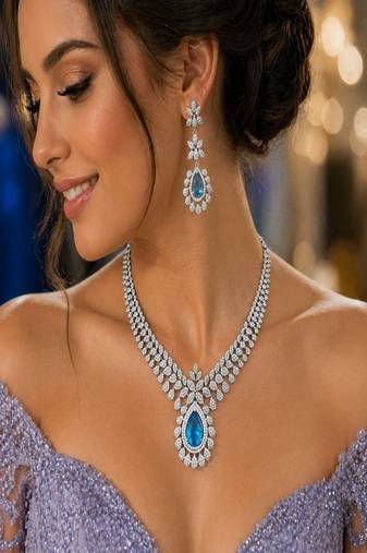 pear cut crystal necklace earrings set, silver tone floral bridal jewellery