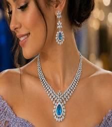 pear cut crystal necklace earrings set, silver tone floral bridal jewellery