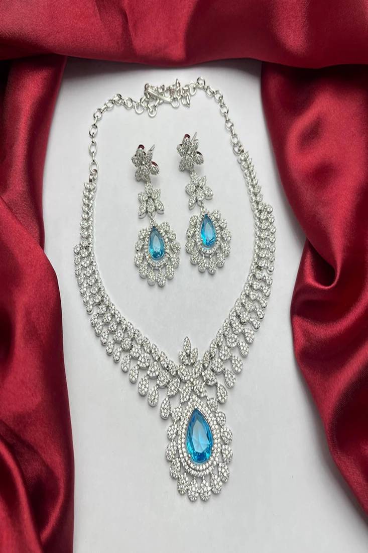 pear cut crystal necklace earrings set, silver tone floral bridal jewellery