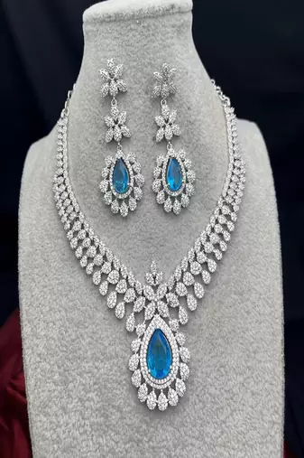 pear cut crystal necklace earrings set, silver tone floral bridal jewellery