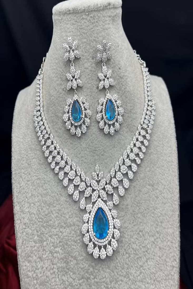 pear cut crystal necklace earrings set, silver tone floral bridal jewellery