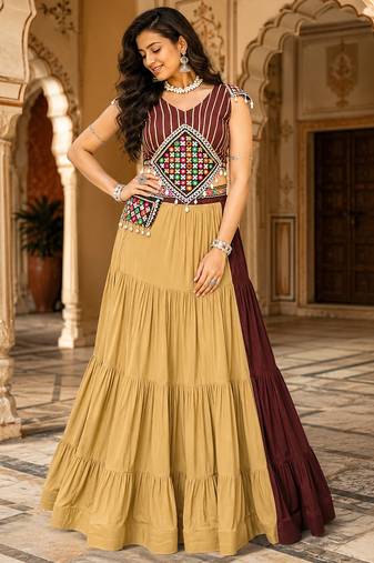 chocolate brown gamthi mirror work rayon navratri chaniya choli