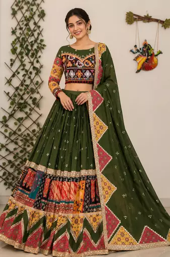 Green Navratri Muslin Cotton Chaniya Choli with Mirror Work