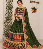 Green Navratri Muslin Cotton Chaniya Choli with Mirror Work