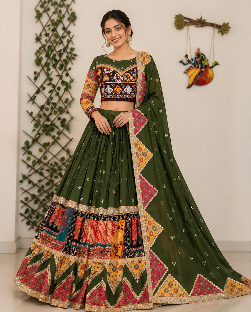 Green Navratri Muslin Cotton Chaniya Choli with Mirror Work
