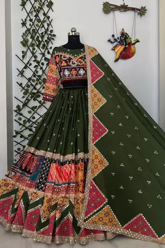 Green Navratri Muslin Cotton Chaniya Choli with Mirror Work