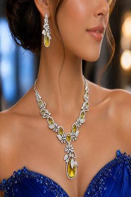 citrine yellow crystal bridal jewellery set â€“ pear cut teardrop necklace, chandelier earrings 1