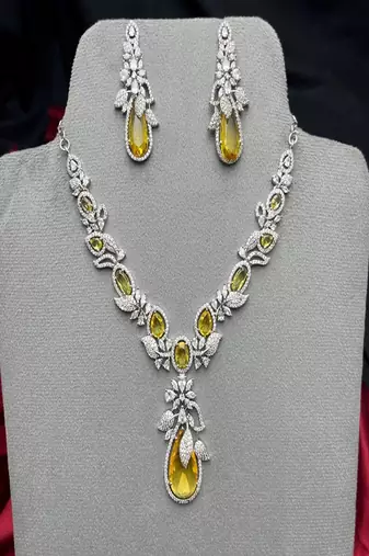 citrine yellow crystal bridal jewellery set â€“ pear cut teardrop necklace, chandelier earrings