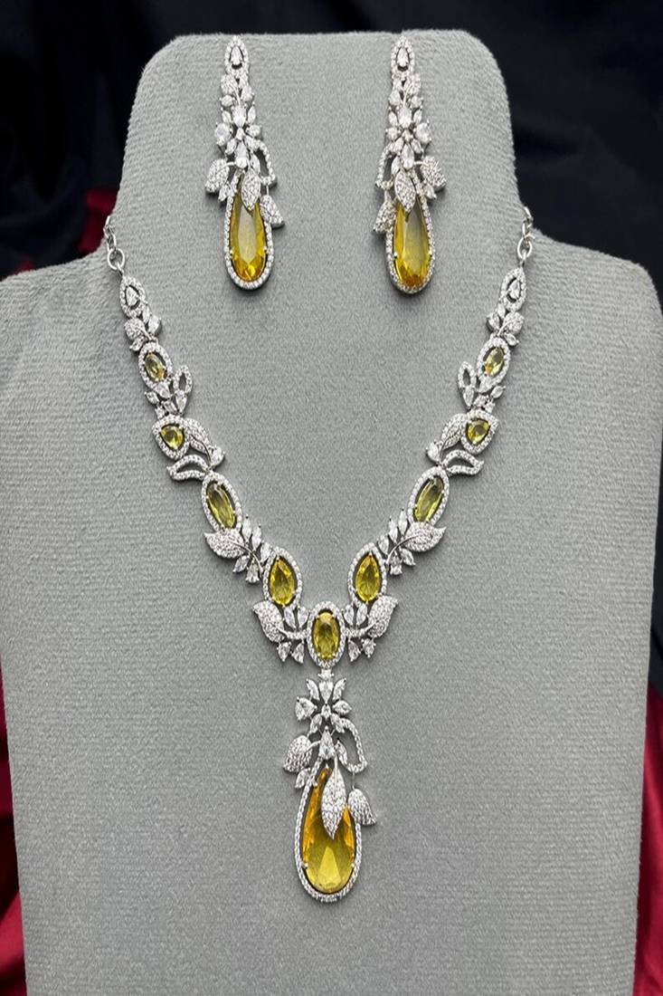 citrine yellow crystal bridal jewellery set â€“ pear cut teardrop necklace, chandelier earrings