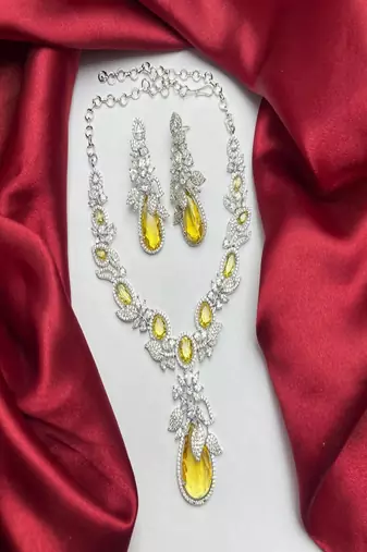 citrine yellow crystal bridal jewellery set â€“ pear cut teardrop necklace, chandelier earrings