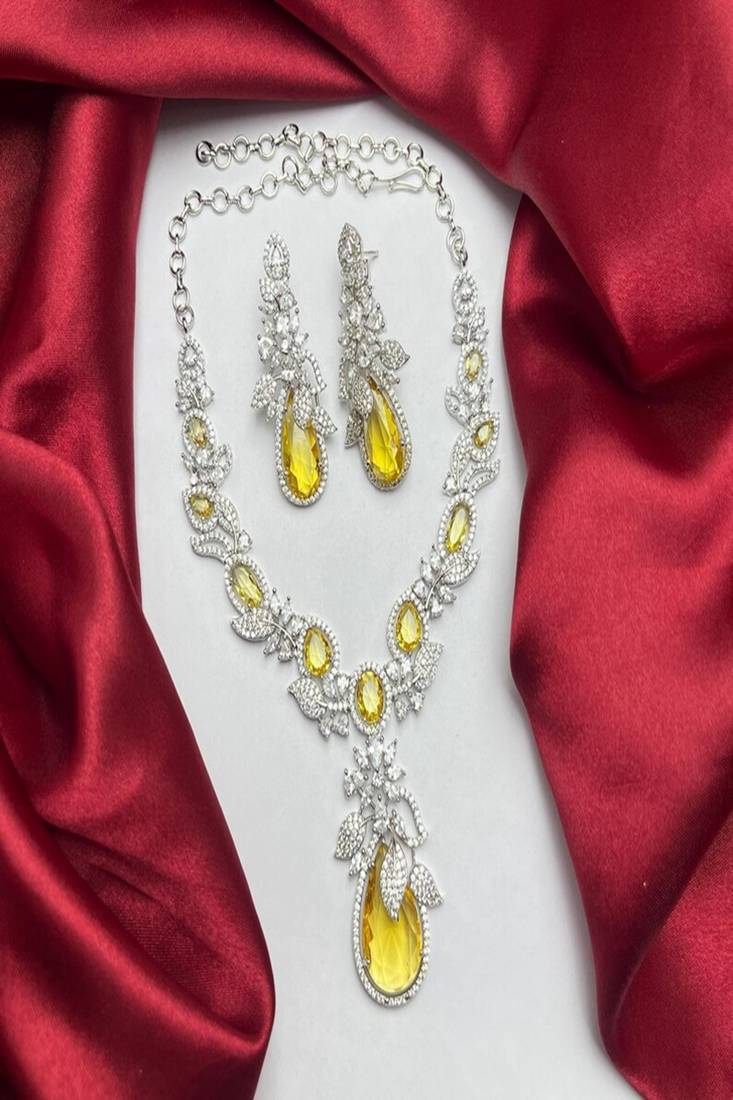 citrine yellow crystal bridal jewellery set â€“ pear cut teardrop necklace, chandelier earrings