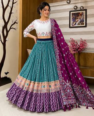 Teal Printed Muslin Cotton Navratri Lehenga Choli Set 1