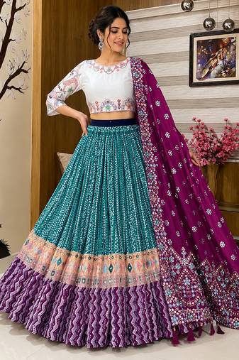 Teal Printed Muslin Cotton Navratri Lehenga Choli Set
