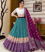 Teal Printed Muslin Cotton Navratri Lehenga Choli Set