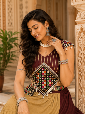 Chocolate Brown Gamthi Mirror Work Navratri Chaniya Choli 2