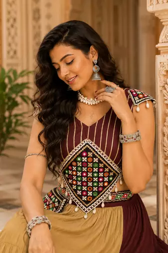 Chocolate Brown Gamthi Mirror Work Navratri Chaniya Choli