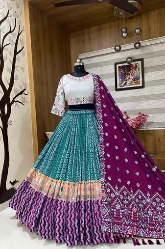Teal Printed Muslin Cotton Navratri Lehenga Choli Set