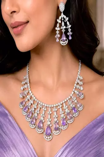 amethyst crystal bridal jewellery set, silver choker necklace, chandelier earrings, lavender wedding prom