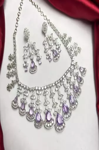 amethyst crystal bridal jewellery set, silver choker necklace, chandelier earrings, lavender wedding prom