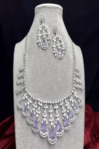 amethyst crystal bridal jewellery set, silver choker necklace, chandelier earrings, lavender wedding prom