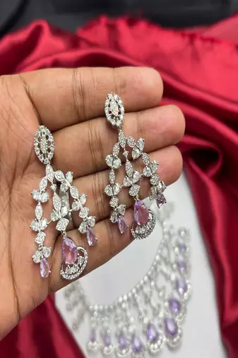 amethyst crystal bridal jewellery set, silver choker necklace, chandelier earrings, lavender wedding prom