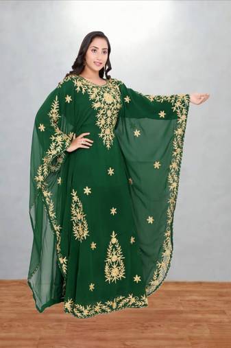 Green Floral Embroidered Kaftan Dress