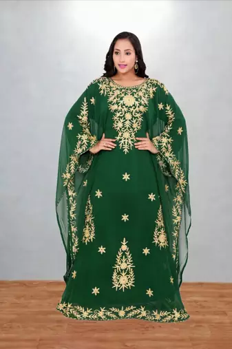 Green Floral Embroidered Kaftan Dress