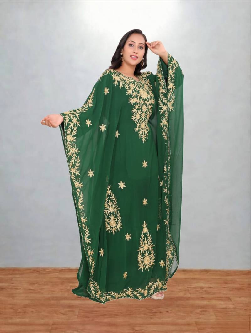 Green Floral Embroidered Kaftan Dress