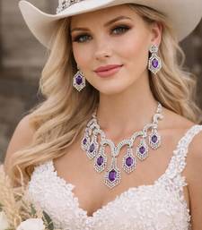 purple crystal bridal necklace earrings set, silver rhinestone statement jewellery