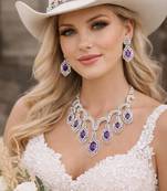 purple crystal bridal necklace earrings set, silver rhinestone statement jewellery