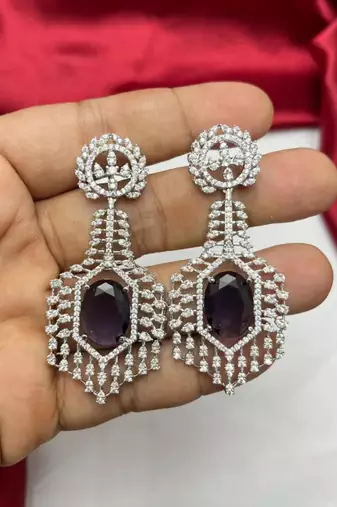 purple crystal bridal necklace earrings set, silver rhinestone statement jewellery