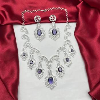 purple crystal bridal necklace earrings set, silver rhinestone statement jewellery 3