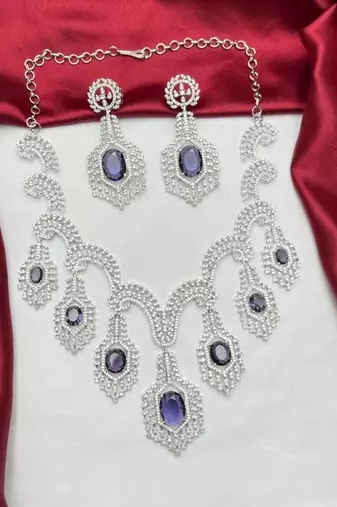 purple crystal bridal necklace earrings set, silver rhinestone statement jewellery