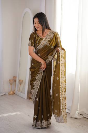 Mehendi color silk blend embroidered work saree with un-stitched blouse