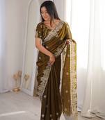 Mehendi color silk blend embroidered work saree with un-stitched blouse