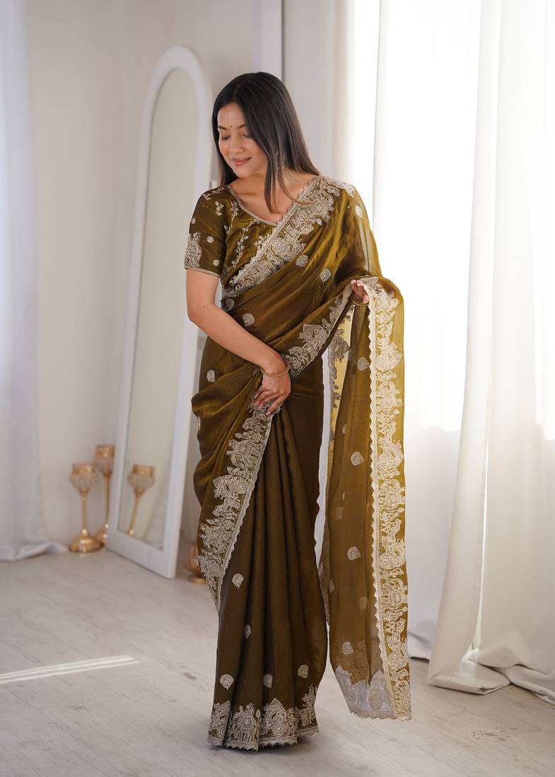 Mehendi color silk blend embroidered work saree with un-stitched blouse