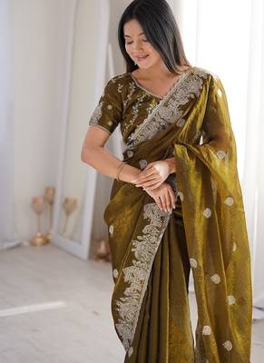 Mehendi color silk blend embroidered work saree with un-stitched blouse 2