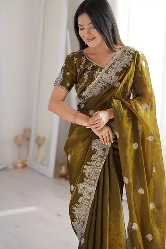 Mehendi color silk blend embroidered work saree with un-stitched blouse