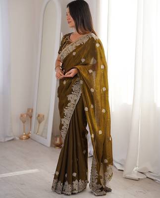 Mehendi color silk blend embroidered work saree with un-stitched blouse 3