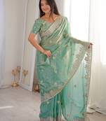 Sky blue color silk blend embroidered work saree with un-stitched blouse