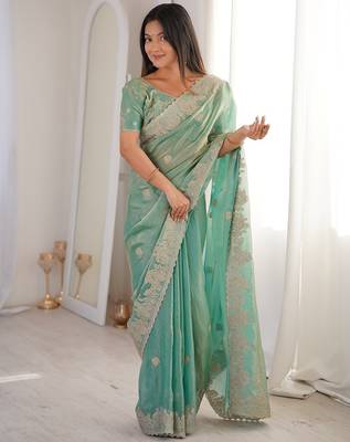 Sky blue color silk blend embroidered work saree with un-stitched blouse 2