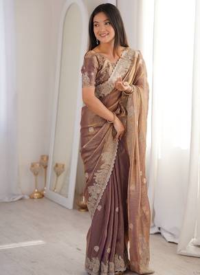 Wine color silk blend embroidered work saree with un-stitched blouse 1