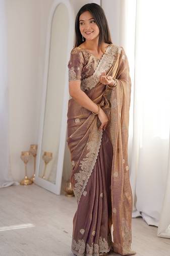 Wine color silk blend embroidered work saree with un-stitched blouse
