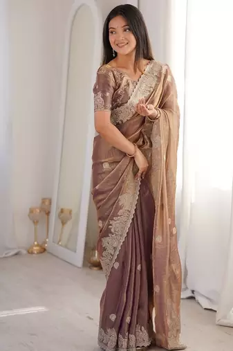 Wine color silk blend embroidered work saree with un-stitched blouse