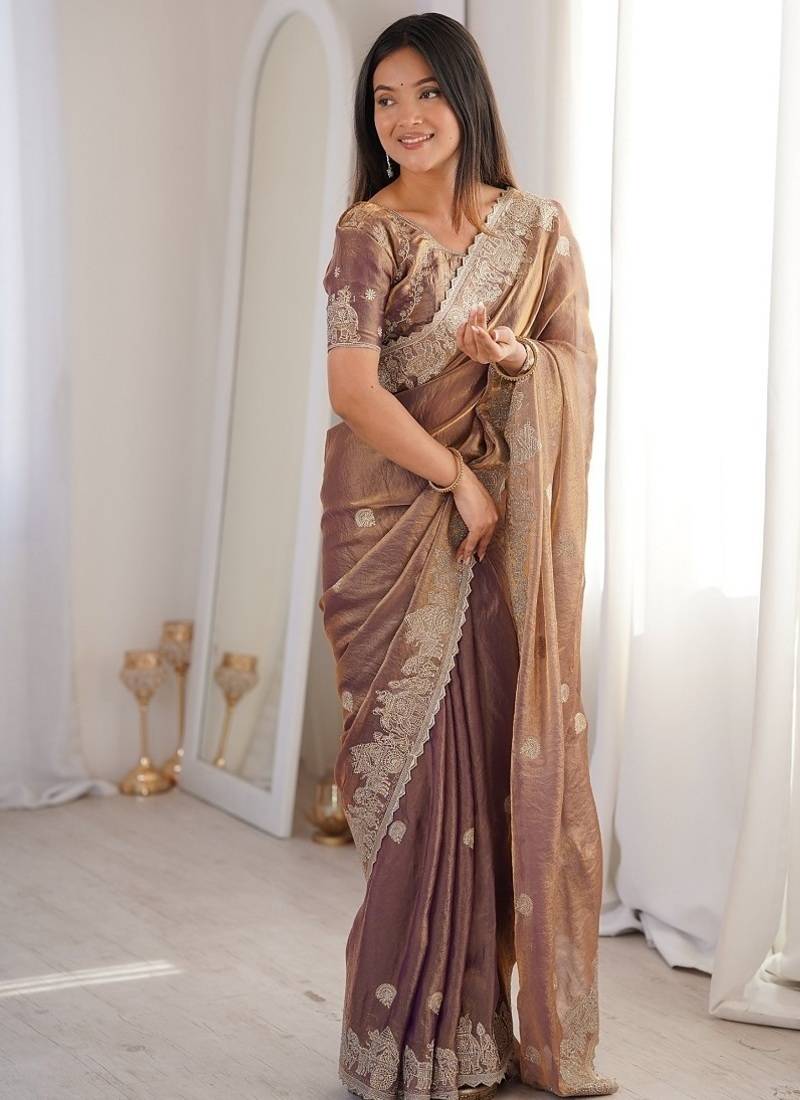 Wine color silk blend embroidered work saree with un-stitched blouse