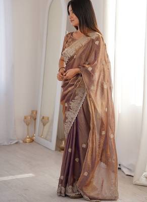 Wine color silk blend embroidered work saree with un-stitched blouse 2